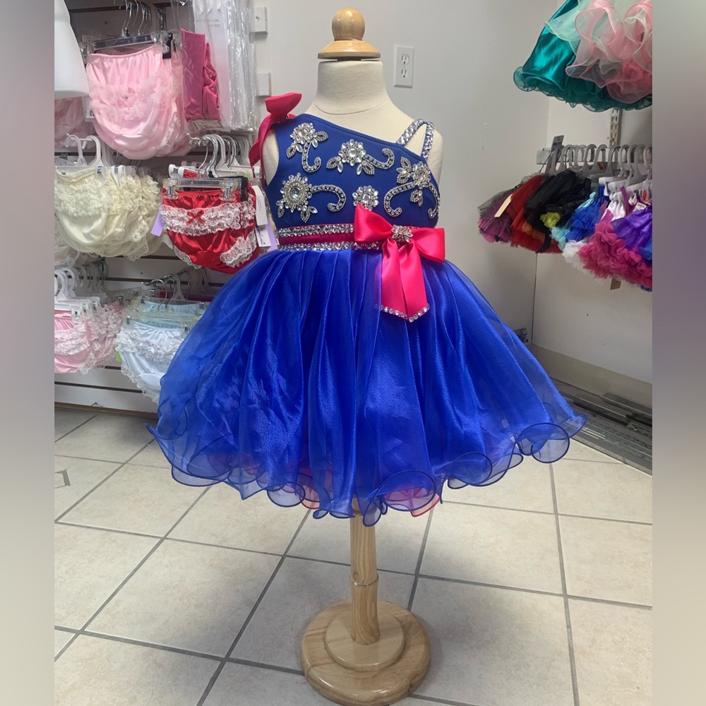 Childs Size 4 Royal Blue & Pink Beaded Southern Cupcake Pageant Dress & Bow NWT